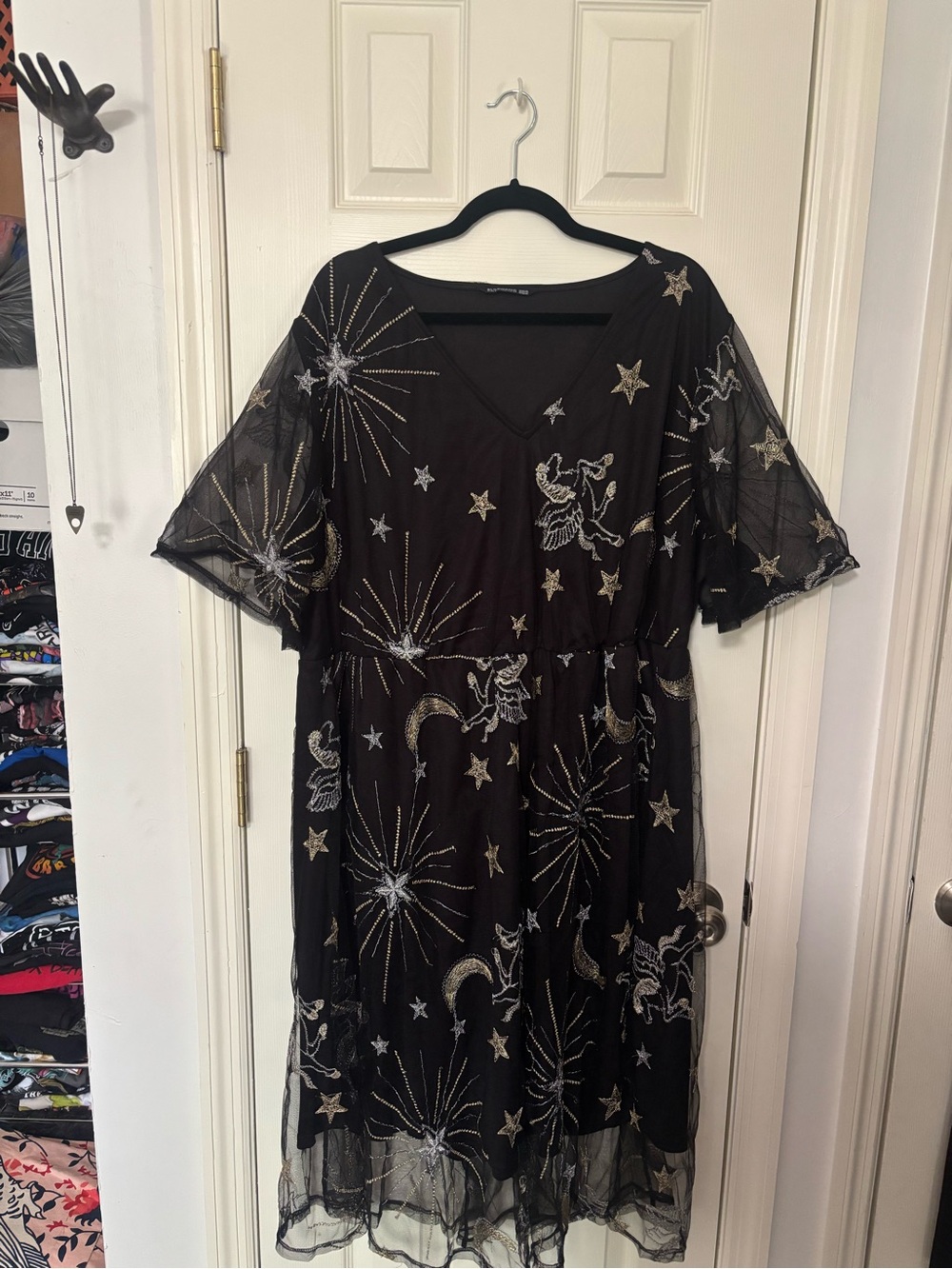 Black Mesh Midi Dress with Gold & Silver Celestial Embroidery